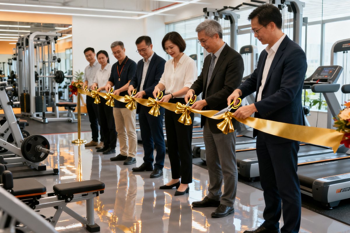 太阳集团深圳培训基地开业仪式现场，嘉宾剪彩，崭新的训练场馆内设备齐全。