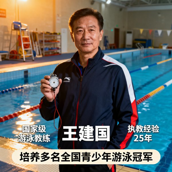 国家级游泳教练王建国，执教经验25年，曾培养出多名全国青少年游泳冠军。