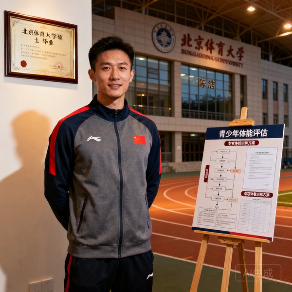 体能训练师陈浩，北京体育大学硕士毕业，负责青少年体能评估与专项体能训练方案制定。